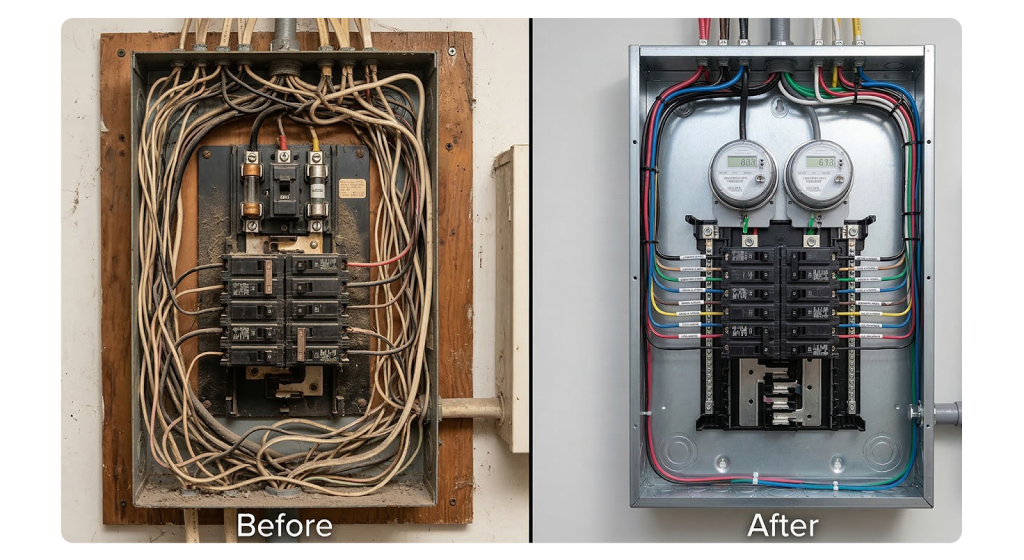 Side-by-side comparison of a dangerous legacy electrical board and a modern, safe retrofitted distribution panel in a Dubai building.