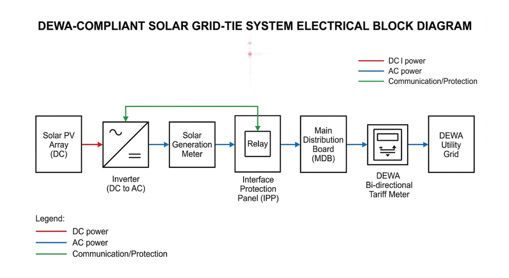 Block diagram showing correct placement of PV array, inverter, interface protection panel, and dual meters for DEWA Shams Dubai approval.