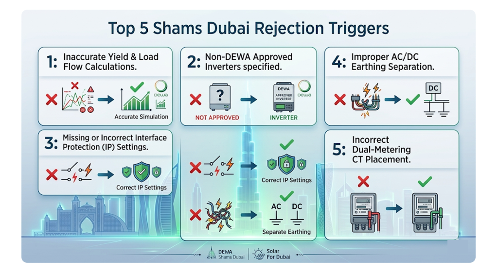 Infographic checklist detailing the top 5 technical rejection reasons for Shams Dubai solar grid connection applications.