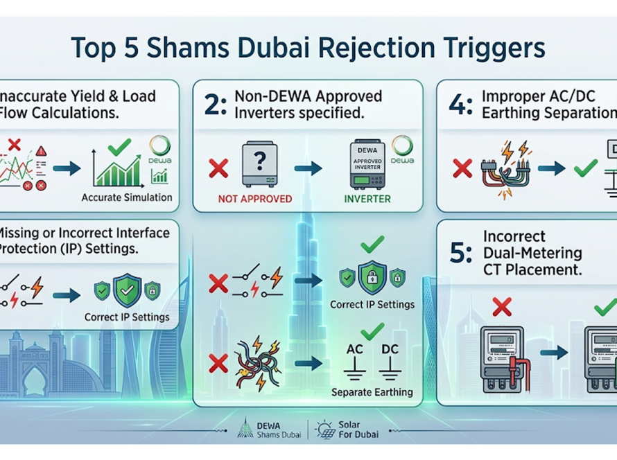 Infographic checklist detailing the top 5 technical rejection reasons for Shams Dubai solar grid connection applications.