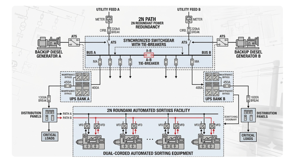 Single Line Diagram showing 2N electrical redundancy architecture for an automated logistics cold-storage facility in Dubai South