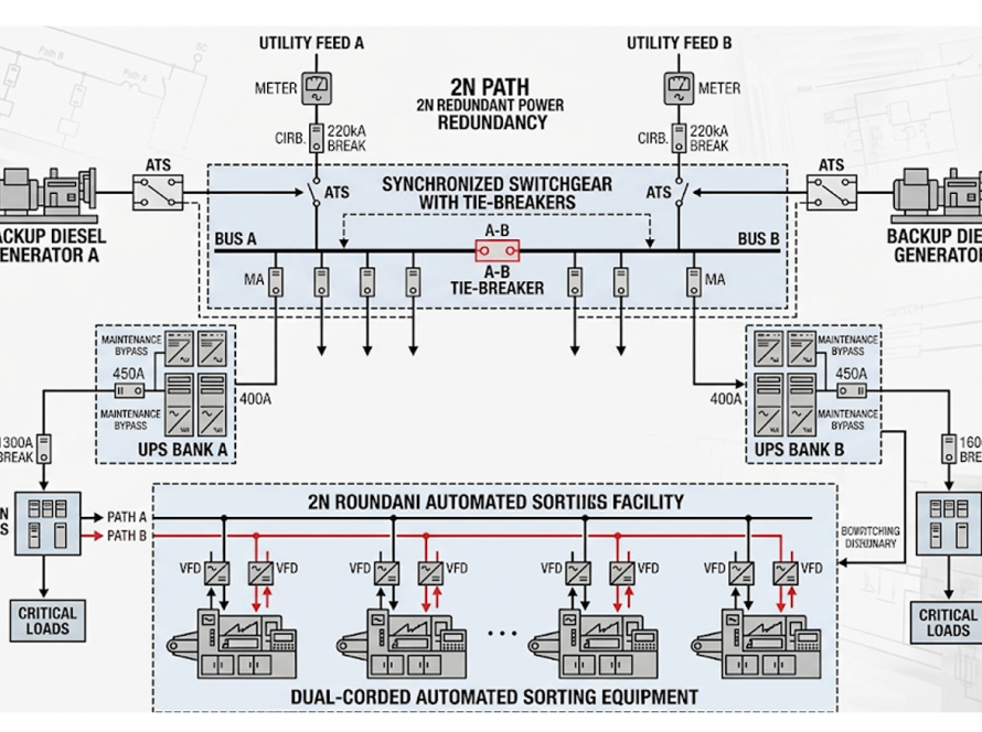Single Line Diagram showing 2N electrical redundancy architecture for an automated logistics cold-storage facility in Dubai South
