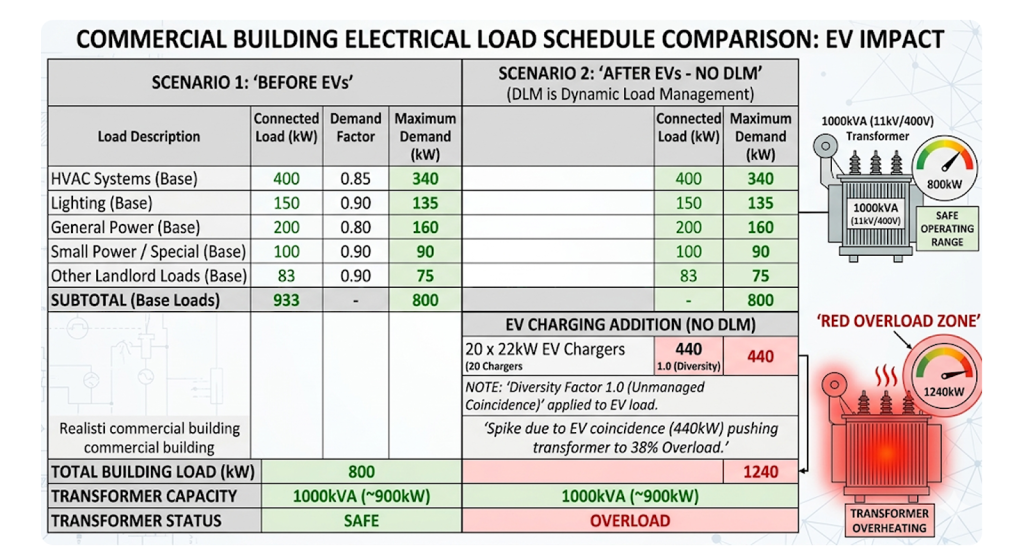 Electrical load schedule showing the immense power demand impact of adding multiple EV chargers to a commercial building without dynamic load management