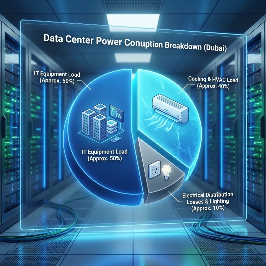 Pie chart illustrating the high electrical cooling load versus IT equipment load in a typical Dubai data center
