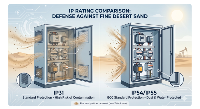 Infographic comparing IP31 vs IP54/IP55 ratings for electrical switchgear protection in dusty desert environments