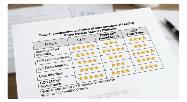 Comparison table detailing the core features and strengths of ETAP, DIgSILENT, and SKM power system software.