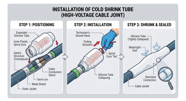 Step-by-step installation process of a cold shrink sleeve on a high voltage cable joint without the use of heat