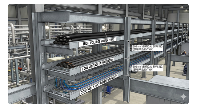 Multi-tier industrial cable tray layout demonstrating EMI separation between high-voltage power and instrumentation cables
