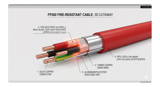 Cutaway diagram showing the internal layers and mica-glass fire barrier of an FP200 fire-resistant cable