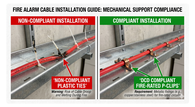 Comparison of incorrect plastic zip ties versus compliant copper P-clips for installing fire-resistant cables.