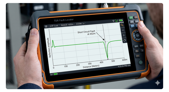 Time Domain Reflectometry (TDR) waveform graph identifying the exact distance to an underground cable fault.