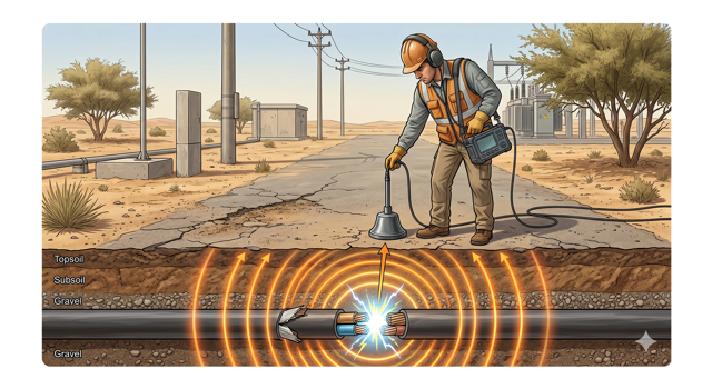 Engineer using an acoustic ground microphone to pinpoint the exact location of an underground cable fault