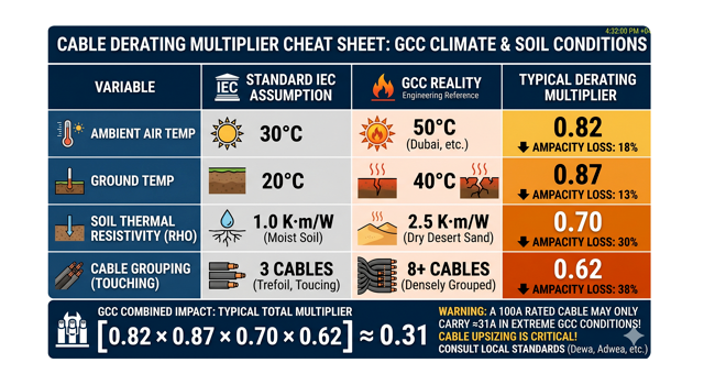 Derating Multiplier Cheat Sheet table detailing Air, Ground, Grouping, and Soil Resistivity variables for GCC electrical design