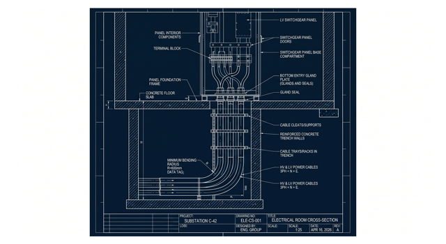 2D cross-section engineering drawing detailing substation cable entry and trench routing for LV switchgear.