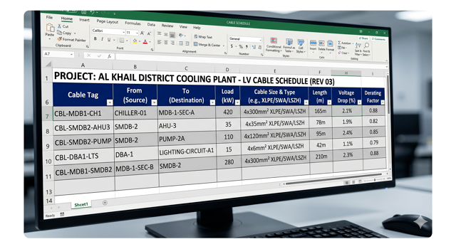 Example of a compliant electrical cable schedule format required for DEWA and SEC submissions