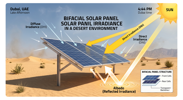 Diagram illustrating how direct, diffuse, and albedo reflected radiation boost the yield of bifacial solar panels in the desert