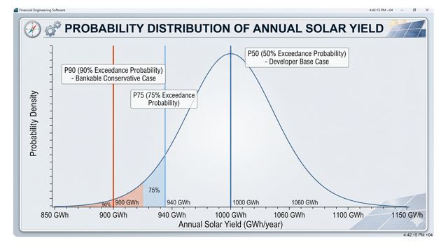 Bell curve graph illustrating P50, P75, and P90 solar yield probability exceedance metrics used in project finance.
