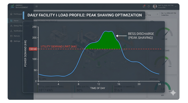 Daily load profile graph demonstrating how battery peak shaving chops off demand spikes to reduce utility tariffs