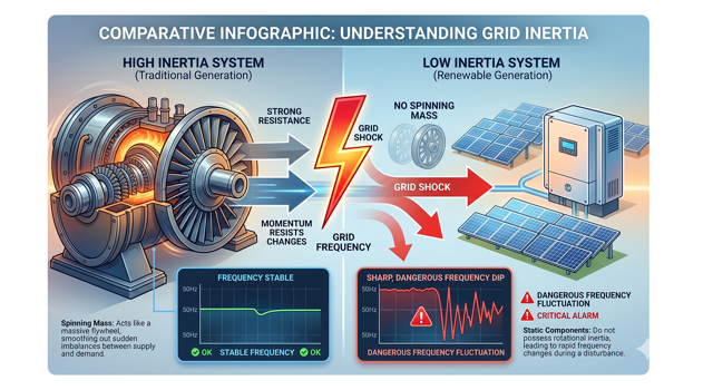 Infographic contrasting high physical inertia of traditional turbine generators with the zero inertia of solar PV inverter-based resources