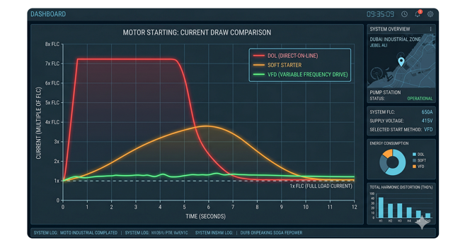 Graph comparing motor inrush current over time for Direct-on-Line (DOL), Soft Starter, and VFD starting methods.