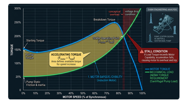 Dynamic motor starting study chart showing the interaction between motor speed-torque curves and mechanical load inertia