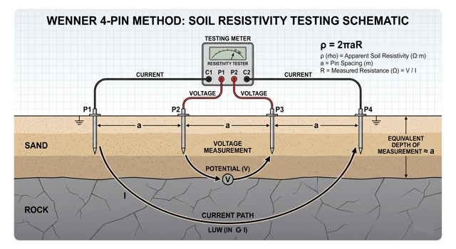 Diagram illustrating the Wenner 4-pin method for soil resistivity testing in substation grounding design.