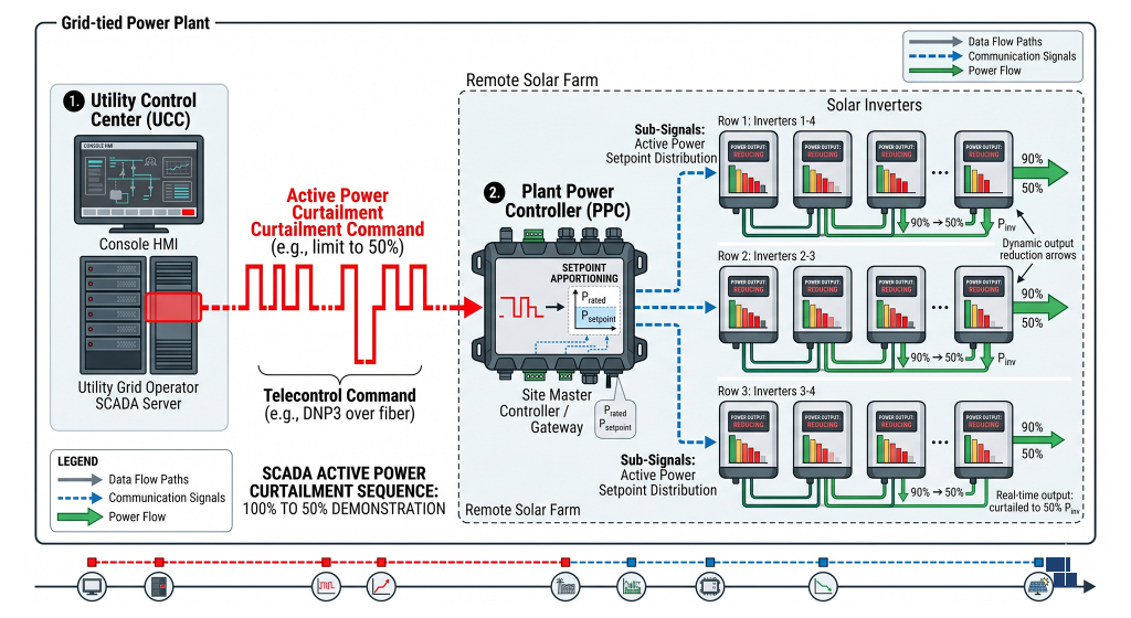 Diagram showing a utility SCADA system sending a curtailment signal to a remote solar plant's master controller to throttle power output