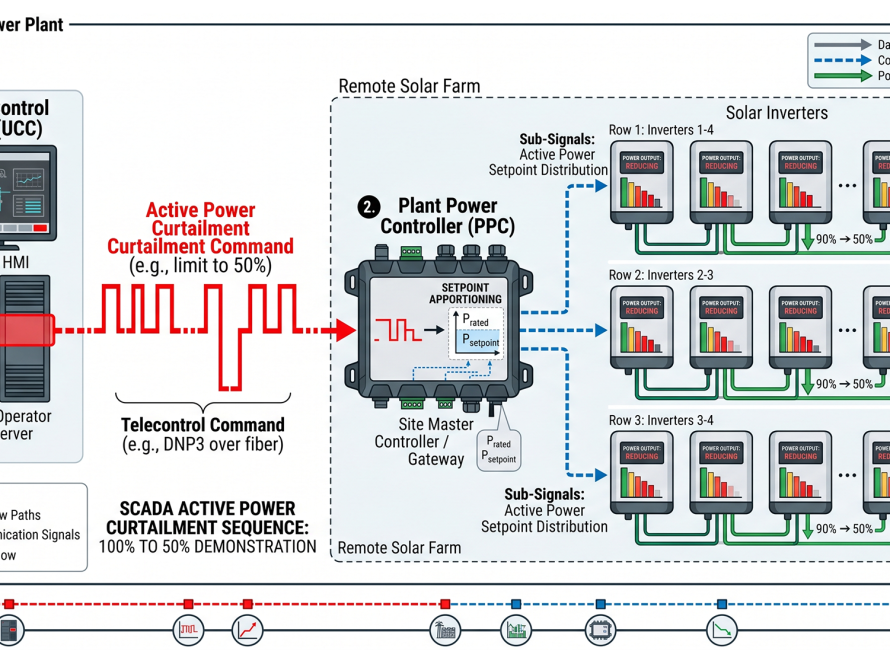 Diagram showing a utility SCADA system sending a curtailment signal to a remote solar plant's master controller to throttle power output