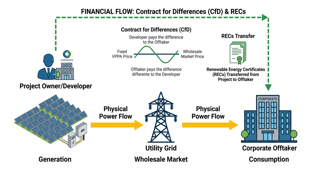Flowchart illustrating the physical power flow to the grid versus the financial flow of RECs in a Virtual Power Purchase Agreement