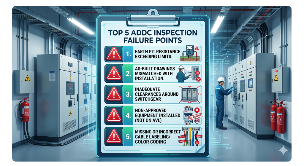 Flowchart detailing the 5-step journey for ADDC and AADC electrical connection approvals in Abu Dhabi.