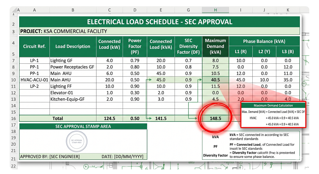 Example of an SEC-compliant electrical load schedule highlighting kVA and diversity factor calculations required in Saudi Arabia.