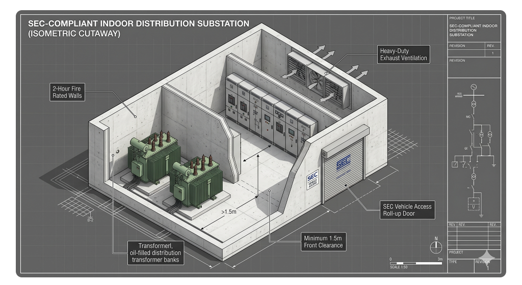 3D layout of an SEC-compliant indoor distribution substation showing required maintenance clearances and ventilation.