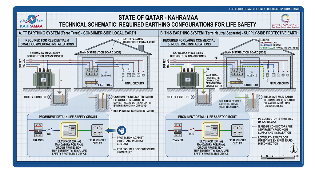 Schematic illustrating KAHRAMAA compliant TT/TN-S earthing systems and mandatory ELCB placement for Qatar electrical designs