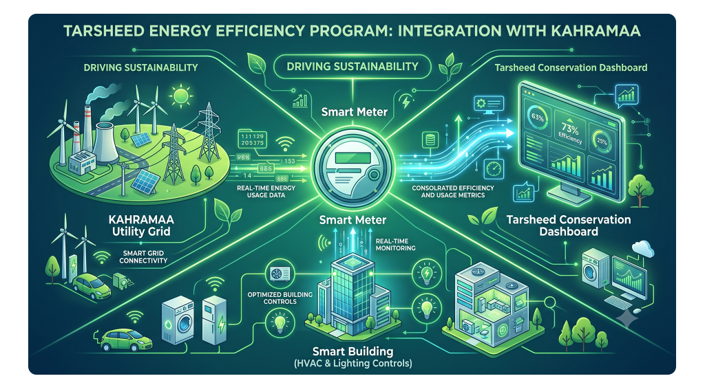 Infographic showing KAHRAMAA smart meter integration with building systems for Tarsheed energy efficiency compliance in Qatar.