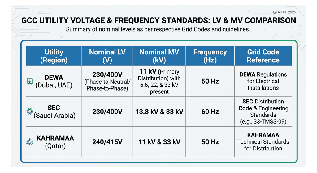 Comparison table detailing Low Voltage (LV) and Medium Voltage (MV) standards for DEWA, SEC, and KAHRAMAA