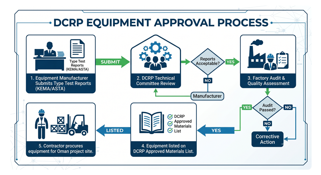 Flowchart illustrating the step-by-step DCRP registration and material approval process for Oman electrical projects.