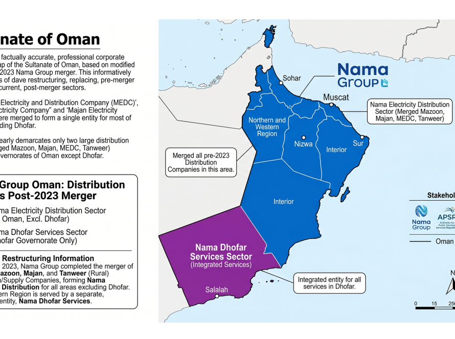 Regional map of Oman color-coded by Nama Group distribution sectors, illustrating operating zones for MEDC, Mazoon, Majan, and DISC