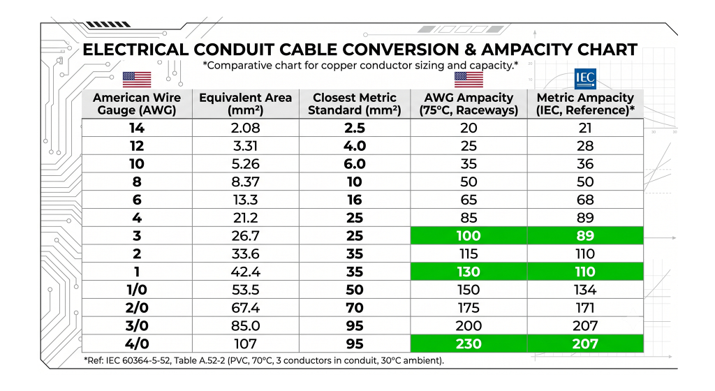 Comparison table showing American Wire Gauge (AWG) sizes mapped to closest metric square millimeter standards and their respective ampacity differences.