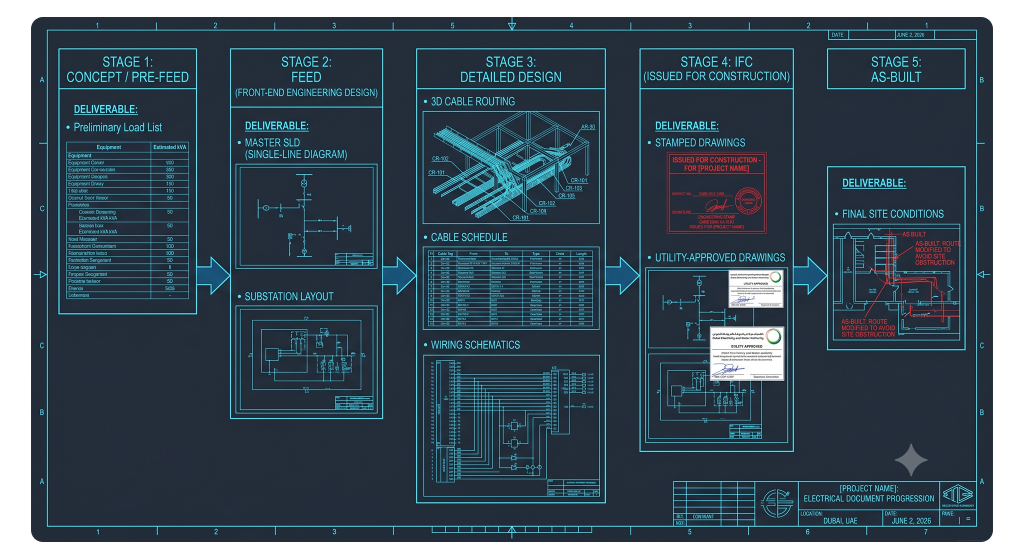 Flowchart illustrating the progression of electrical engineering documents from concept and FEED to Detailed Design, IFC, and final As-Built drawings.