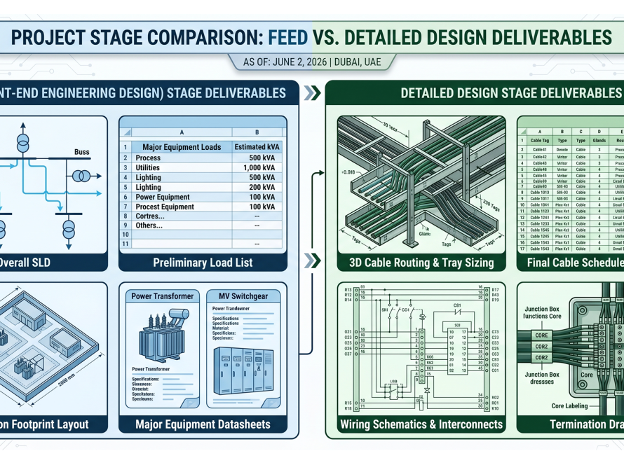 Comparison chart showing the difference between macro electrical deliverables in the FEED stage versus micro-deliverables in the Detailed Design phase.