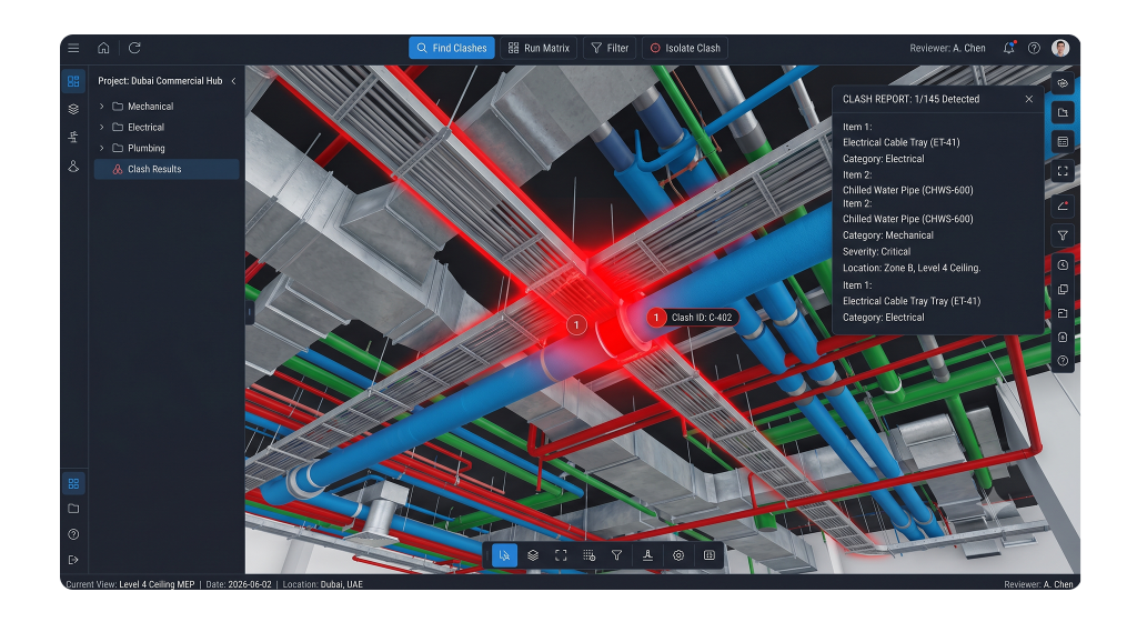 3D BIM coordination model showing a high-contrast clash detection between electrical cable trays and mechanical piping systems.