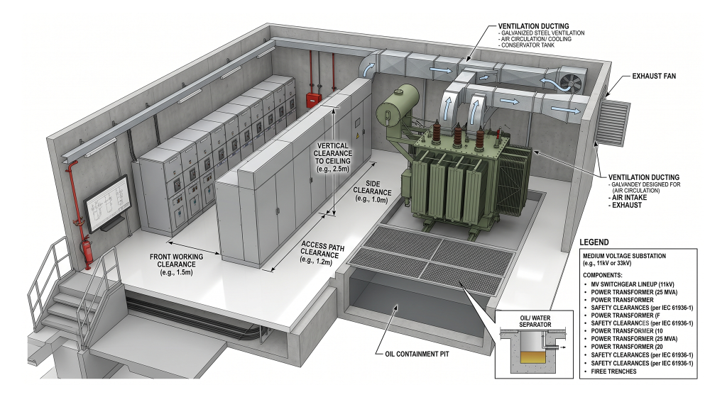 3D layout detailing clearances, ventilation, and structural dimensions for an SEC/DEWA compliant indoor power transformer room.
