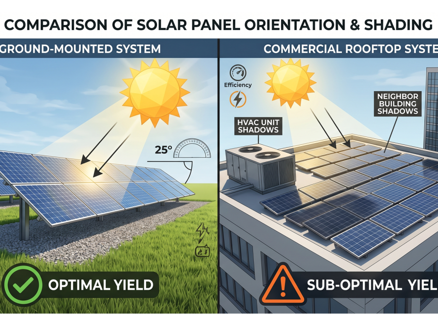 Comparison of optimally tilted ground mounted solar panels versus sub-optimally angled and shaded rooftop solar systems.