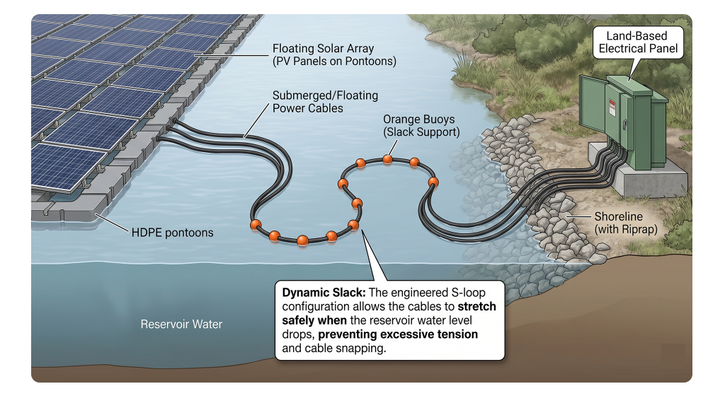 Illustration demonstrating dynamic S-loops in floating solar cable routing to accommodate changing water levels.