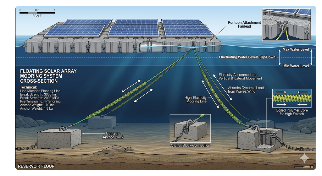 Diagram showing the underwater mooring lines anchoring floating solar pontoons to a desalination reservoir floor