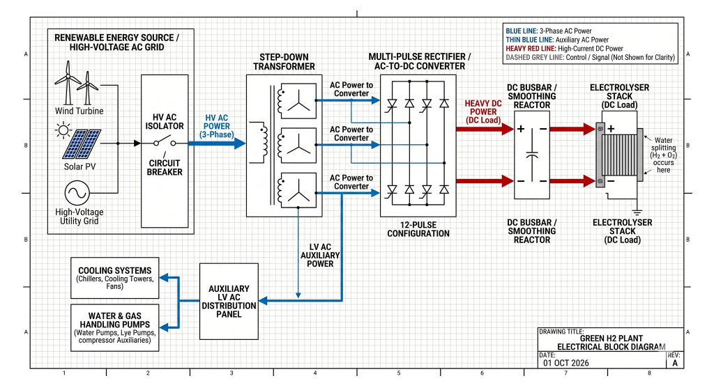 Block diagram illustrating the power flow from the AC utility grid through the rectifier to the DC electrolyser stack in a green hydrogen plant.
