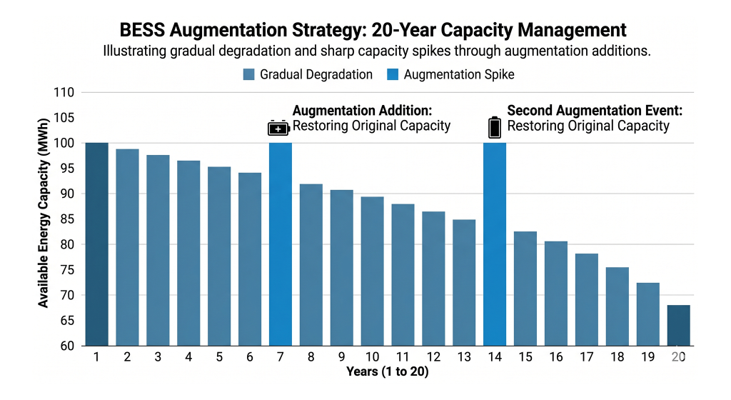 Bar chart demonstrating a BESS capacity augmentation strategy, showing energy levels recovering after new battery additions.
