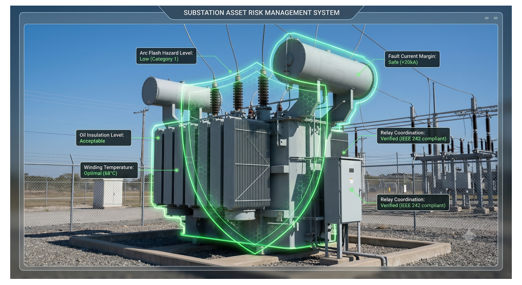 Substation risk-mitigation visualization demonstrating verified relay coordination and low arc-flash hazard levels.