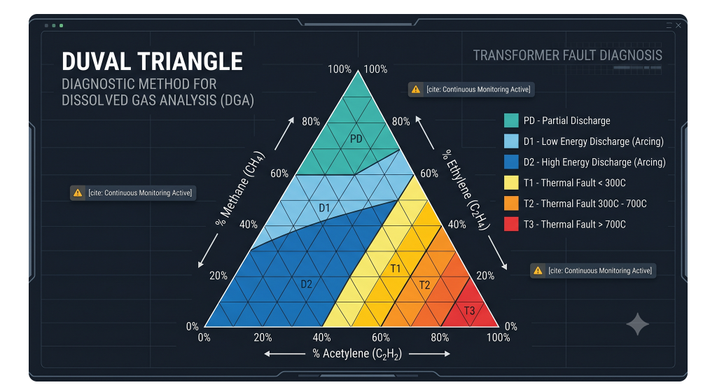 Duval Triangle diagnostic chart mapping dissolved gas concentrations to specific transformer fault types.