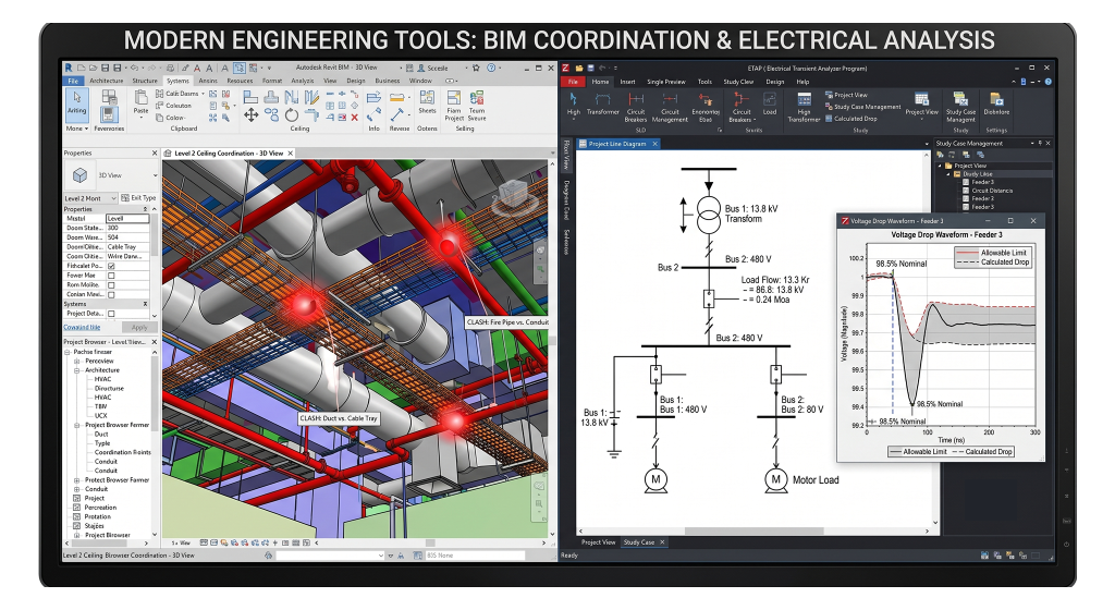 Side-by-side comparison of 3D BIM coordination models and ETAP power system simulation dashboards used by top GCC engineering firms